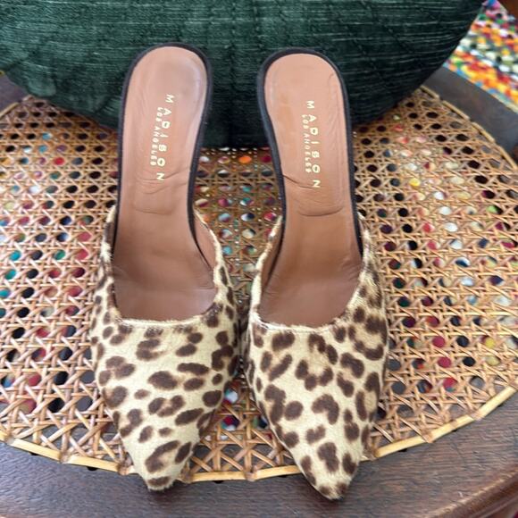Madison Los Angeles Leopard Pony Hair Pointy Toe Open Back Heeled Mule Shoe - Picture 1 of 7